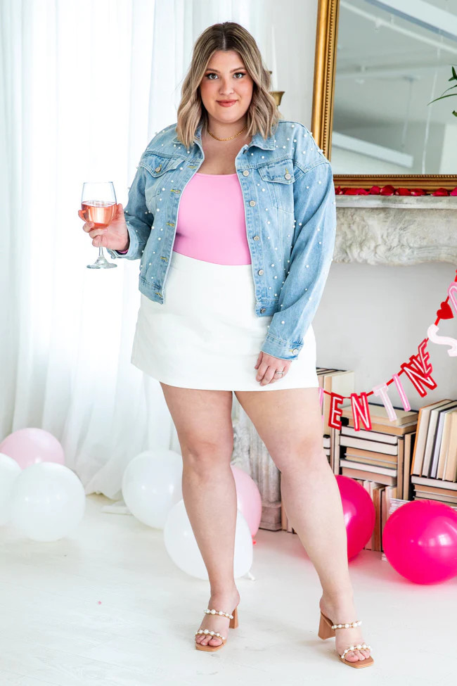 Kiss From A Rose Medium Wash Pearl Denim Jacket | Pink Lily