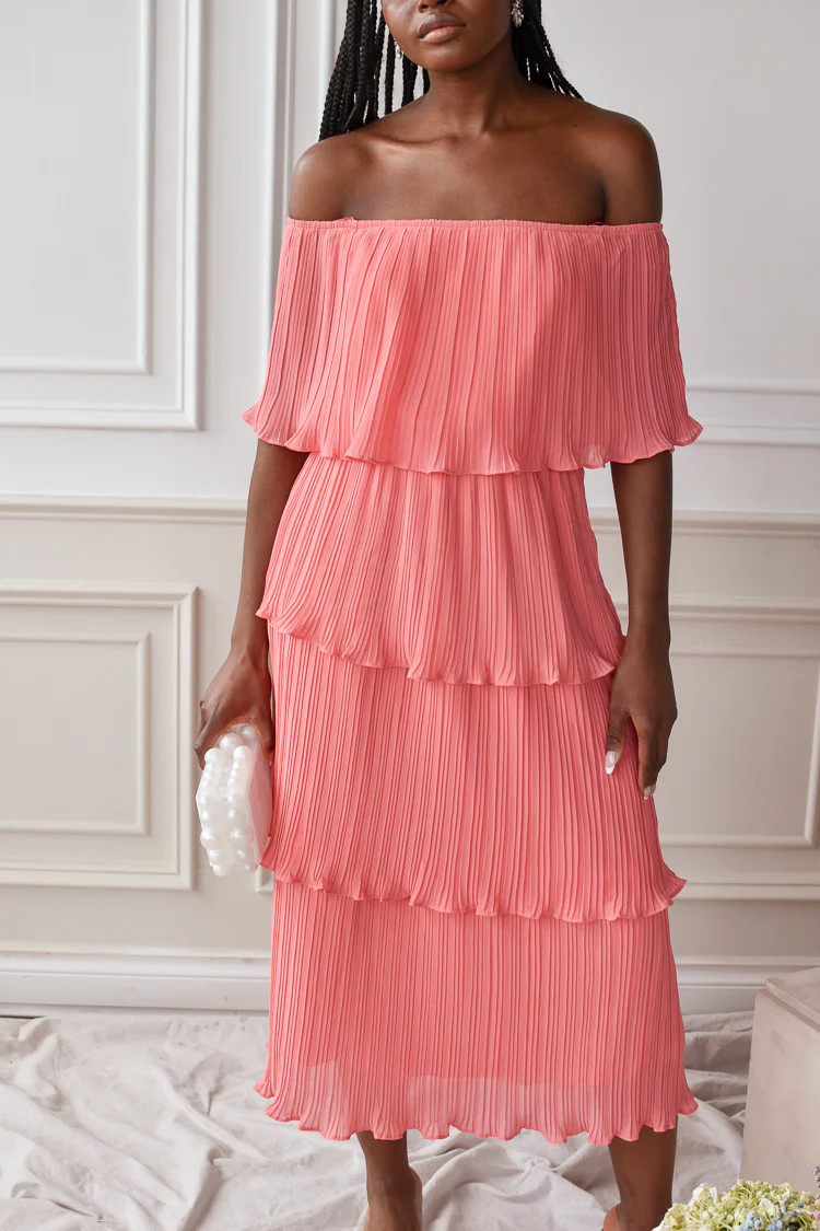 Natasha Pleated Off the Shoulder Coral Midi | Confête