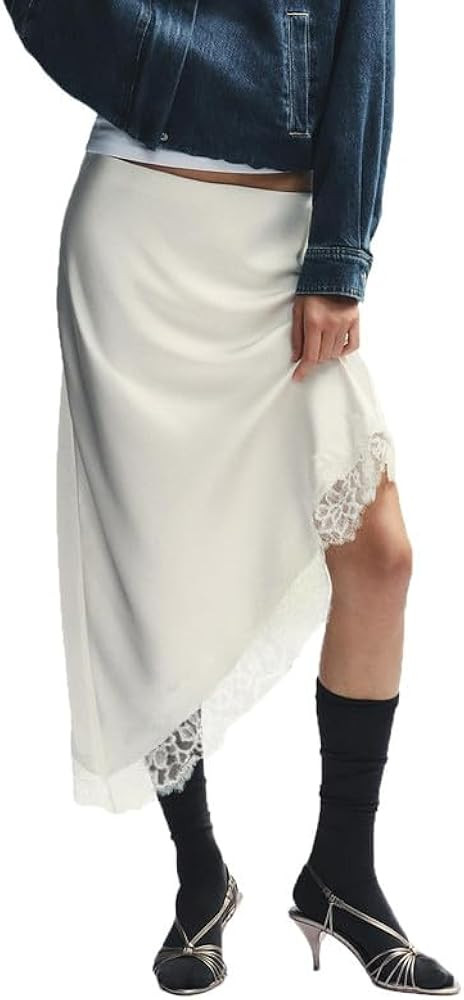 Women Silk Satin Half Slip Long Skirts Lace Trim Asymmetrical Maxi Skirt Elegant Silky Flowy A Li... | Amazon (US)