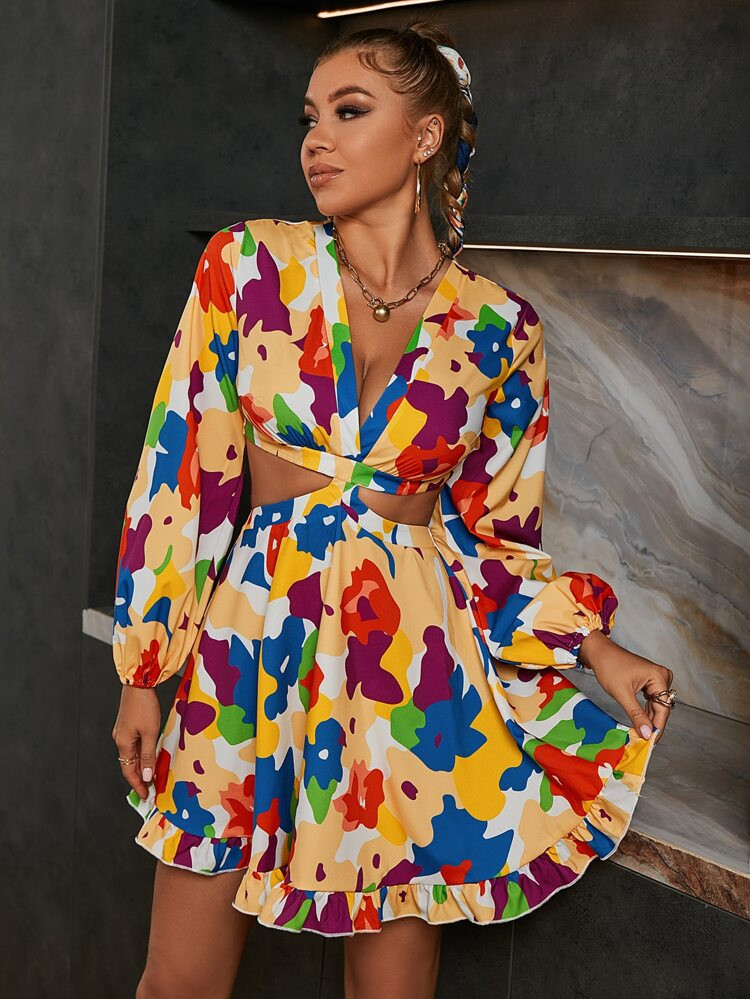 Glamaker Allover Print Lace Up Back Cut Out Dress | SHEIN