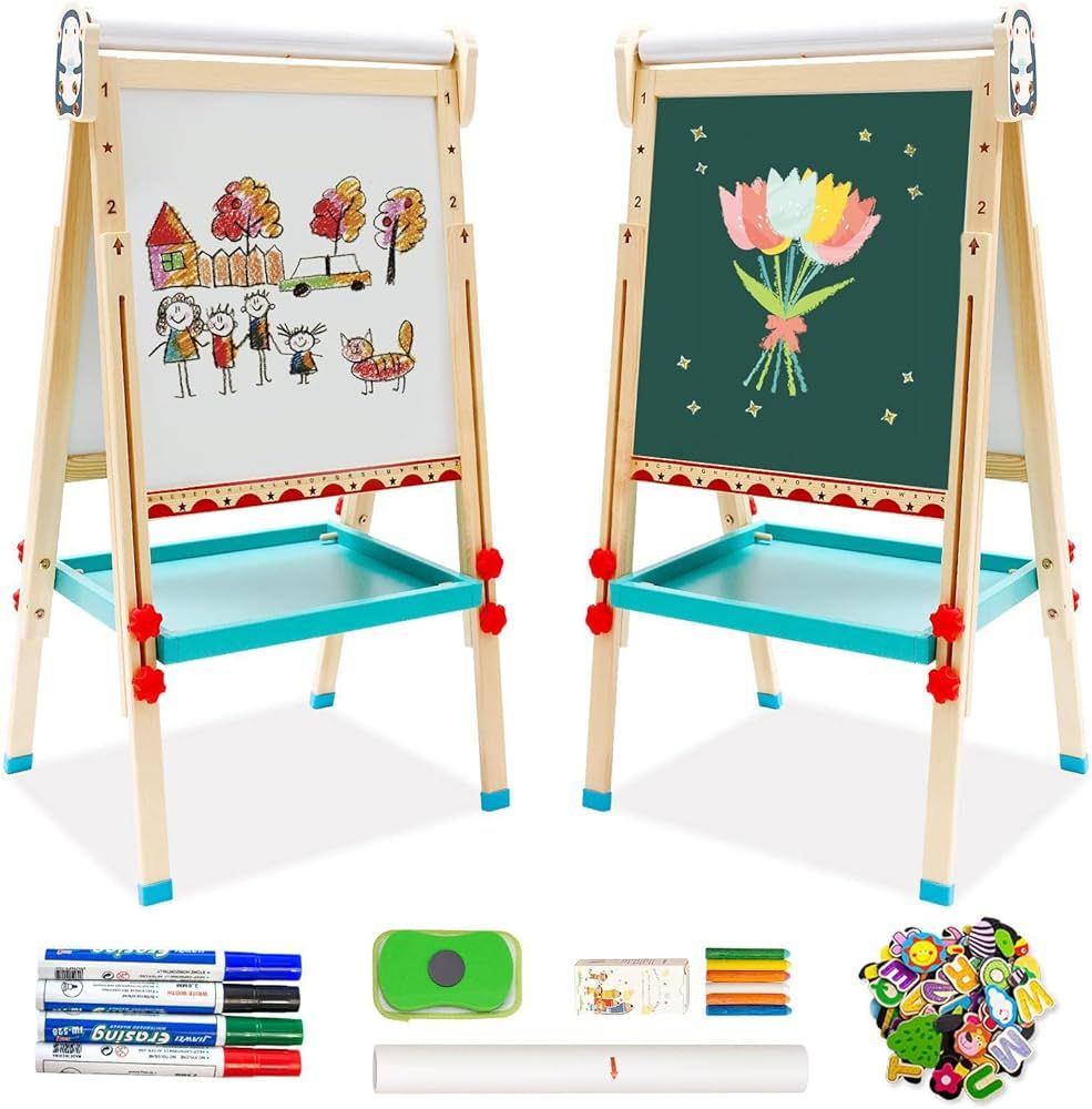 Kids Easel with Paper Roll Double-Sided Whiteboard & Chalkboard Adjustable Standing Easel with Nu... | Amazon (UK)