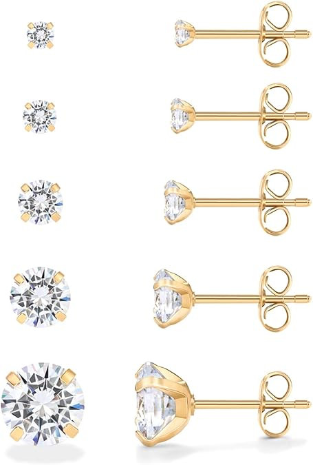 PAVOI Waterproof Five Pairs Stud Earrings for Women - 14K Gold Plated Stainless Steel Pack of 5 C... | Amazon (US)