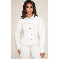 White Contrast Stitch Long Sleeve Cinch Waist Denim Jacket | PrettyLittleThing US