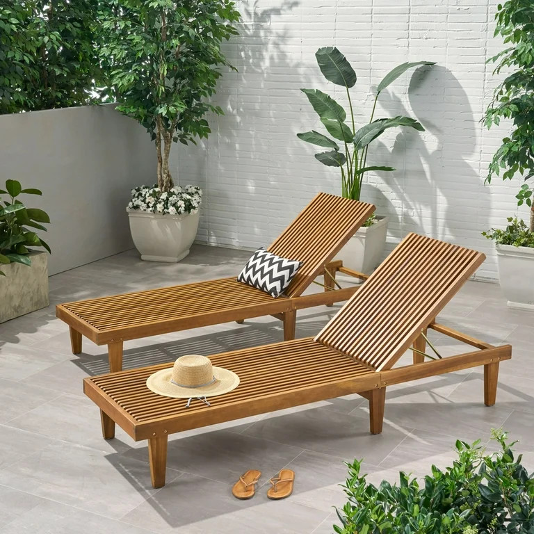 Maddison Outdoor Wooden Chaise Lounge, Set of 2, Teak Finish | Walmart (US)