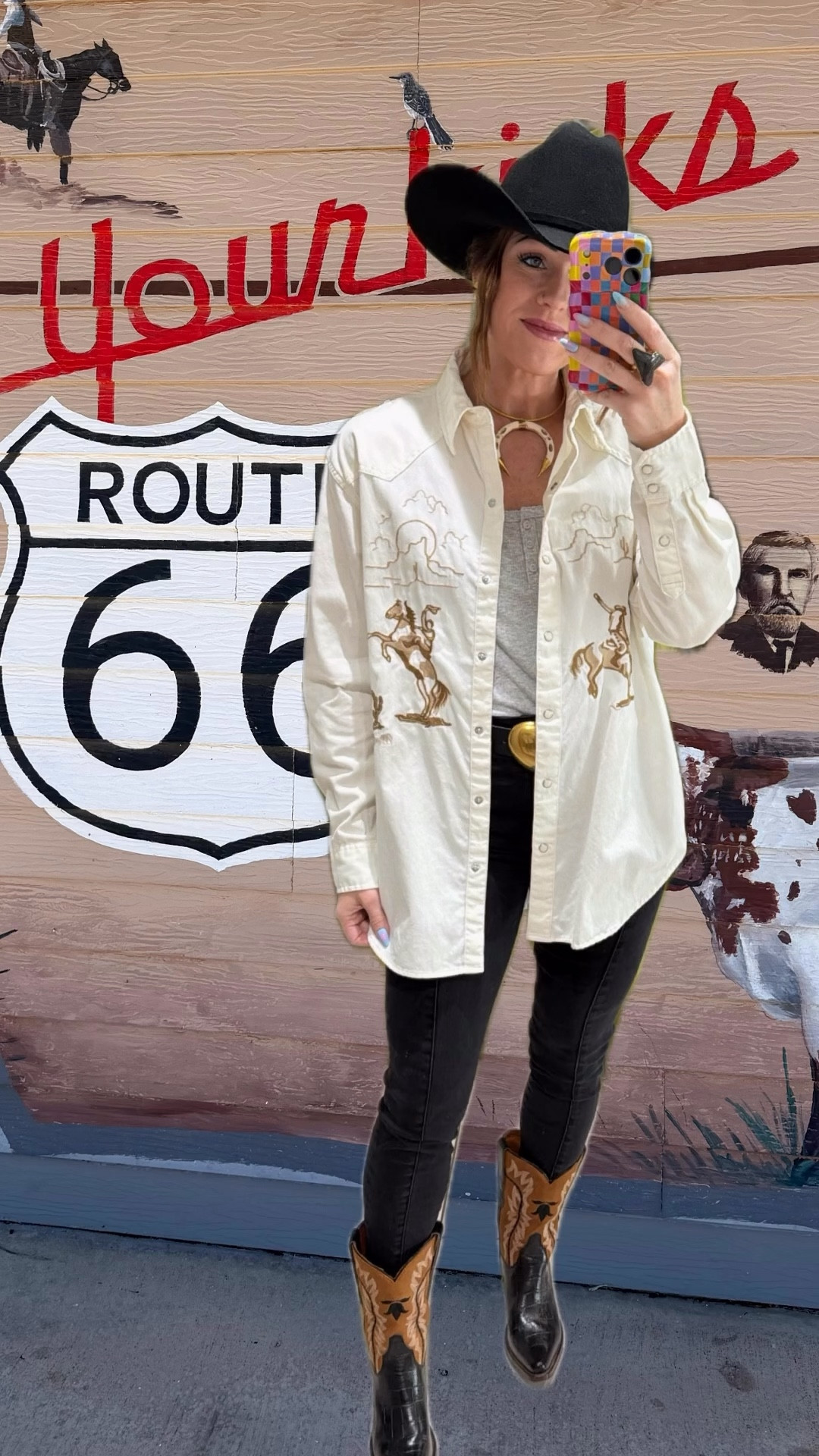 Houston rodeo western outfit inspo Amarillo Texas travel cowboy hat cowboy boots styling a scarf belt Buck&brana Bianca boots wrangler pearl snap shirt Abercrombie & fitch jeans target tank top

Bomber jacket is from Rodeo Quincy

Buffalo necklace is from November Maker 

#LTKOver40 #LTKFestival #LTKootd