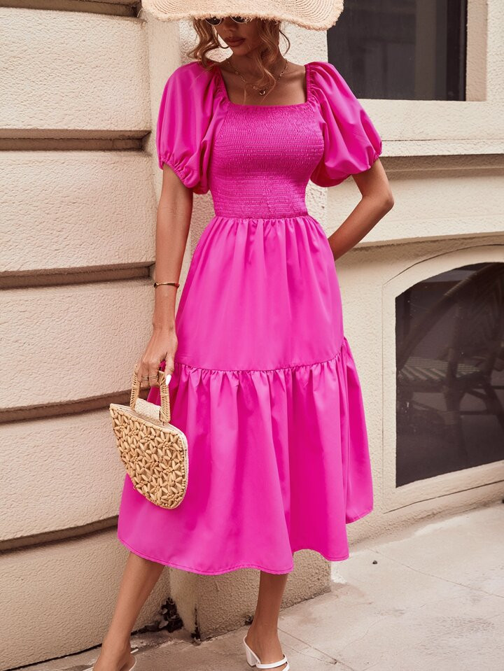 SHEIN VCAY Square Neck Puff Sleeve Ruffle Hem Dress | SHEIN