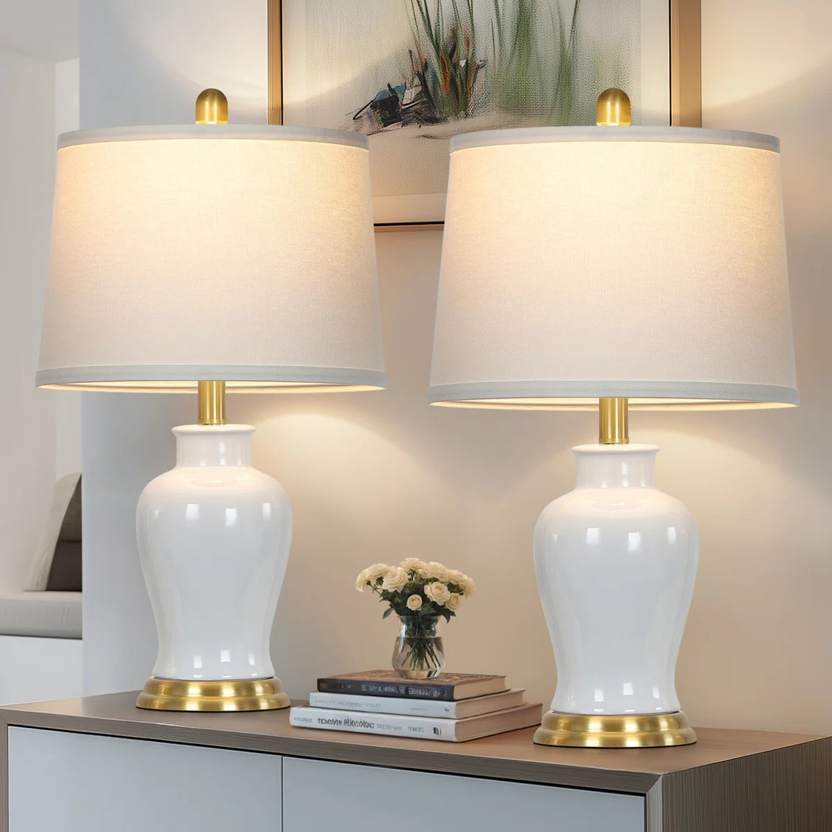23" Ceramic Ginger Jar Table Lamp With White Fabric Shade And Led Bulb (Set of 2) | Wayfair North America