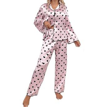 Verdusa Women's Satin Pajama Sets Sleepwear Heart Print Button Up Shirt and Pants | Amazon (US)