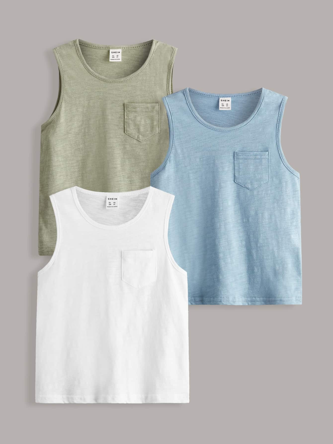 SHEIN Toddler Boys 3 Pack Patch Pocket Solid Tank Top | SHEIN