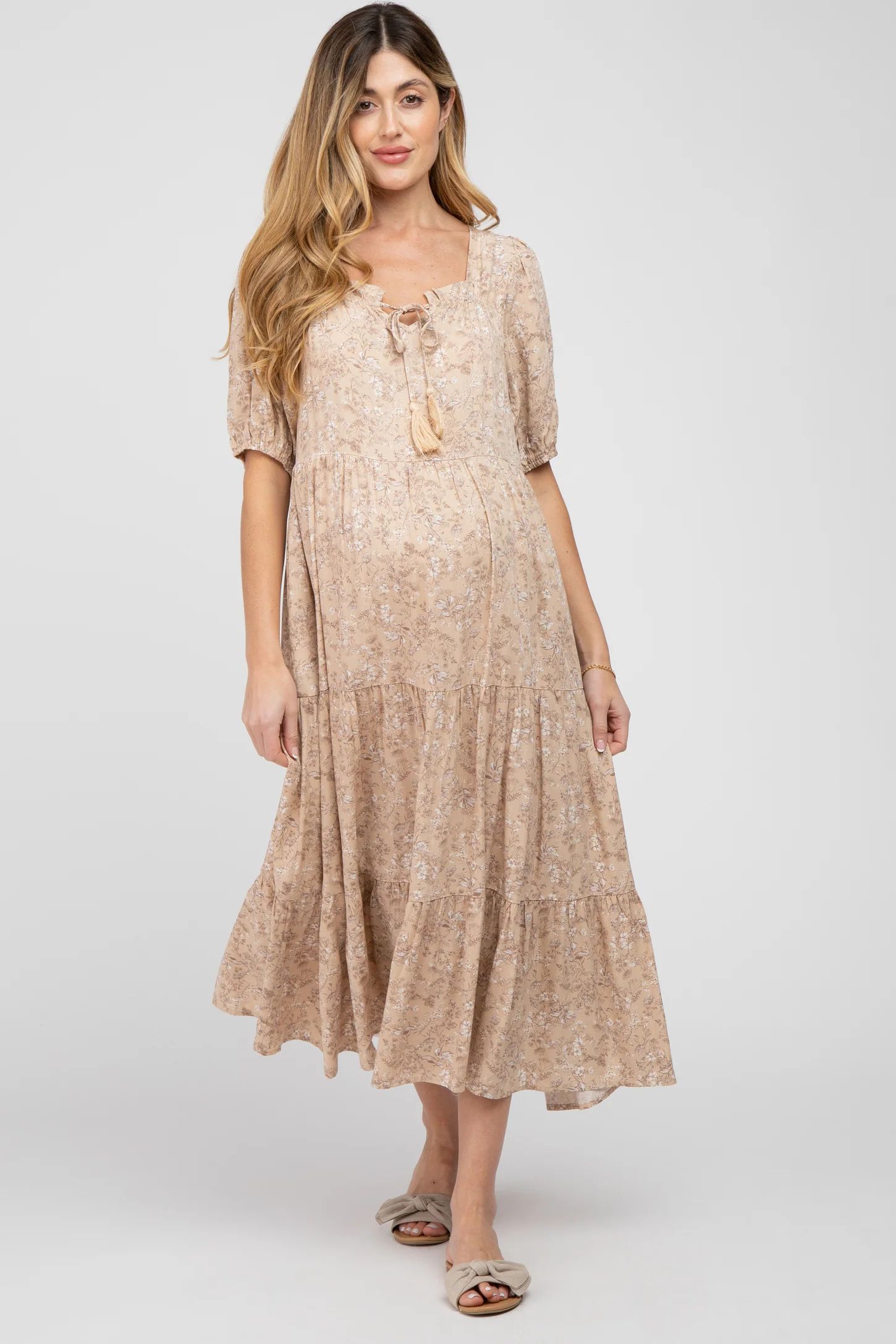 Taupe Floral Square Neck Front Tie Tiered Maternity Mid Dress | PinkBlush Maternity