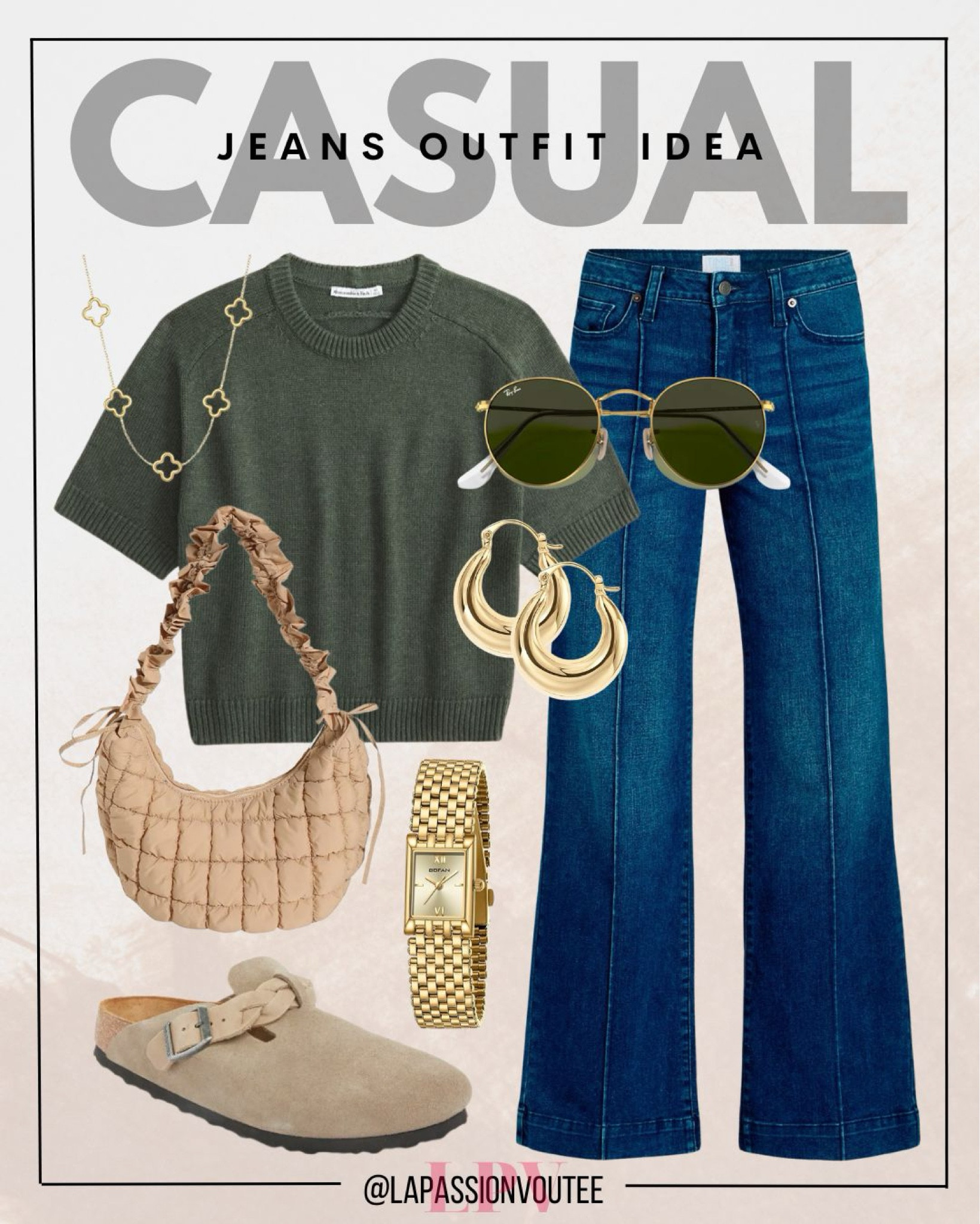 Embrace casual comfort with wide-leg jeans and a classic crew sweater tee. Accessorize with hoop earrings, a clover necklace, and a sleek watch. A quilted tote bag and Birkenstock clog sandals complete this effortlessly cool and laid-back look.

#LTKStyleTip #LTKSeasonal #LTKFindsUnder100