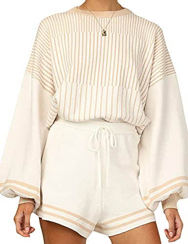 Gihuo Women' s Striped 2 Piece Outfits Crewneck Knit Pullover Sweater Shorts Set | Amazon (US)