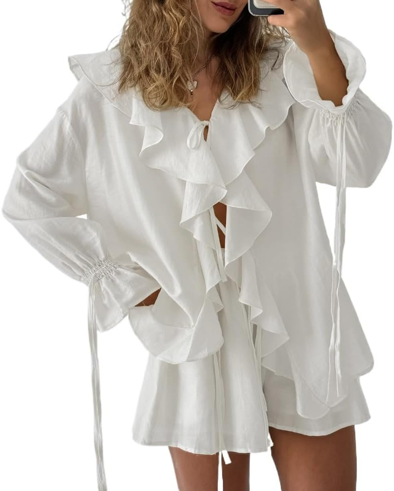 Women Coquette 2 Piece Short Sets Ruffle Tie Front Blouse Dressy Casual and Shorts Tunic Top Summ... | Amazon (US)