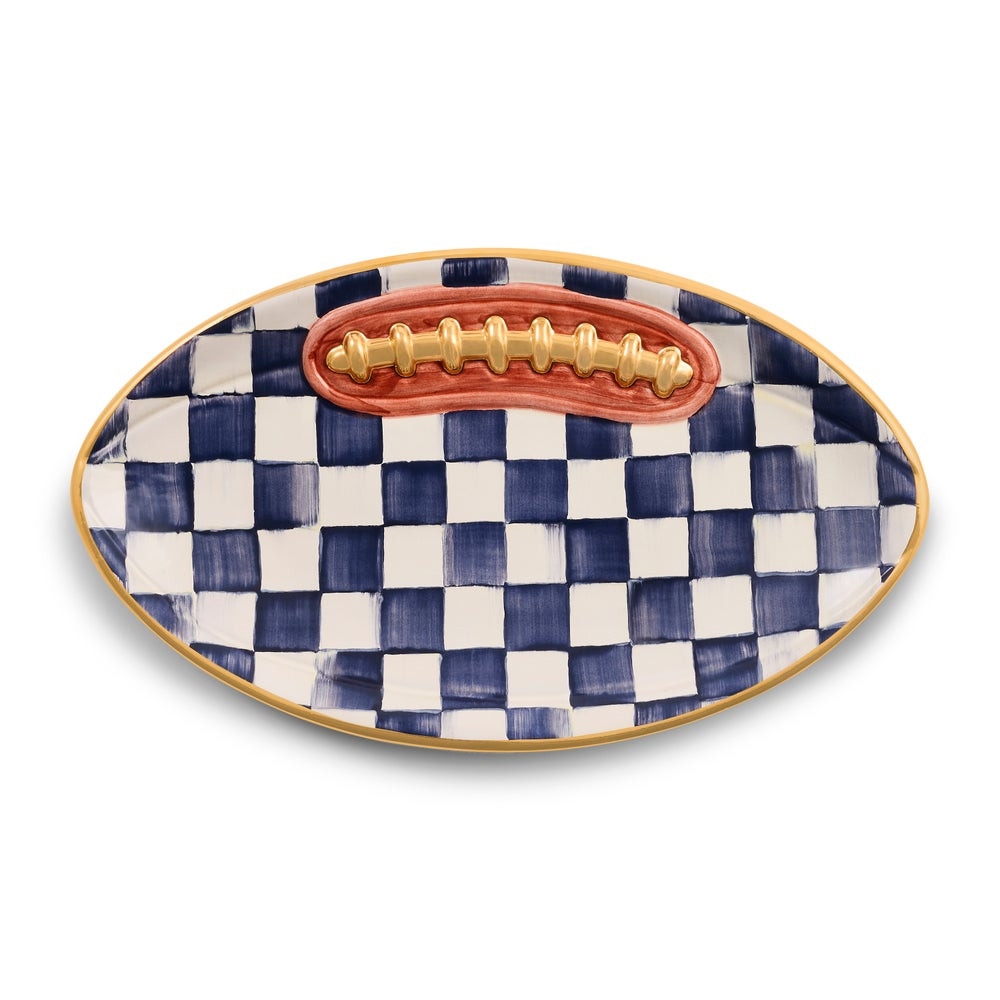 Indigo Check Ceramic Football Platter | MacKenzie-Childs