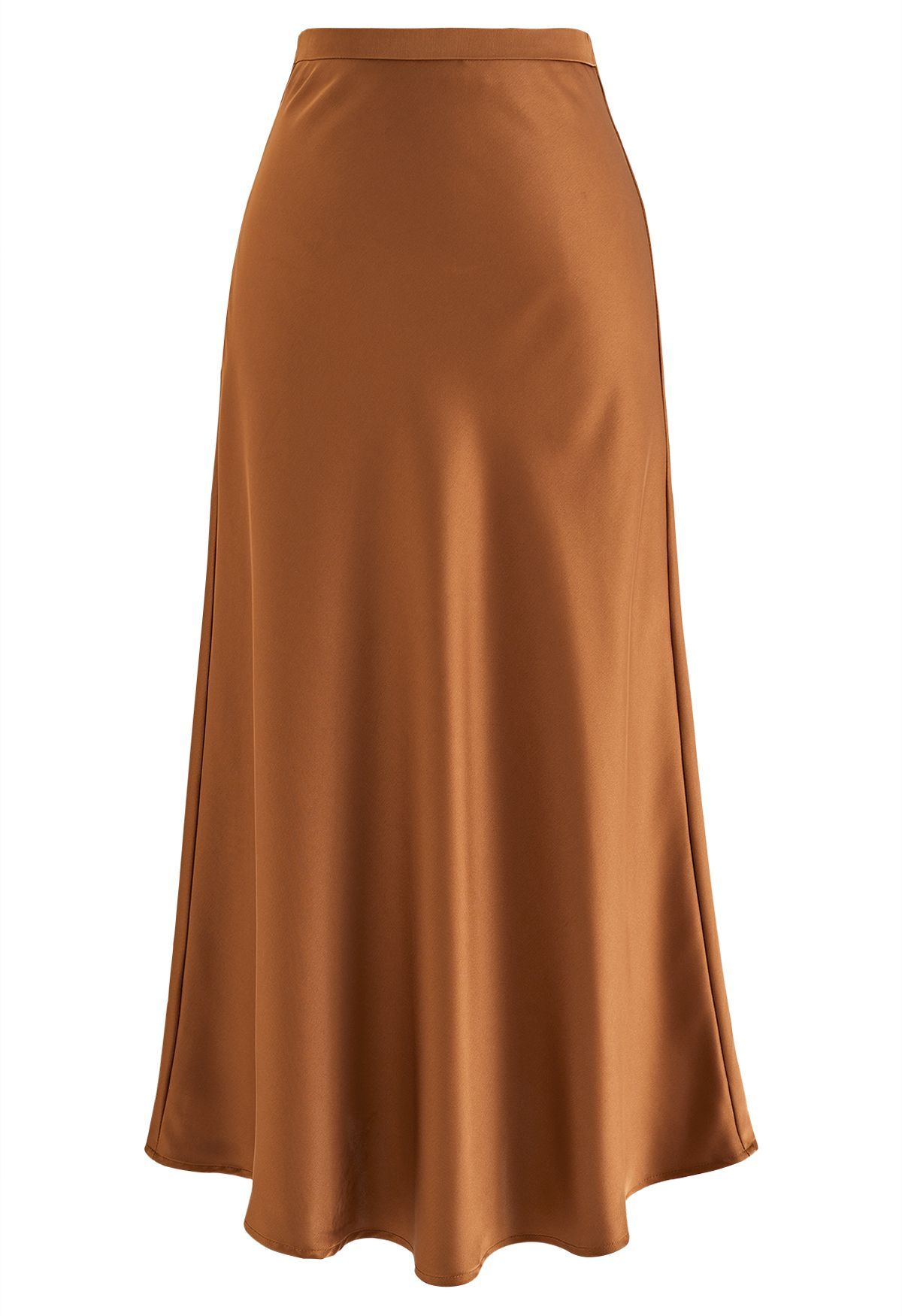 Satin Finish Bias Cut Midi Skirt in Caramel | Chicwish