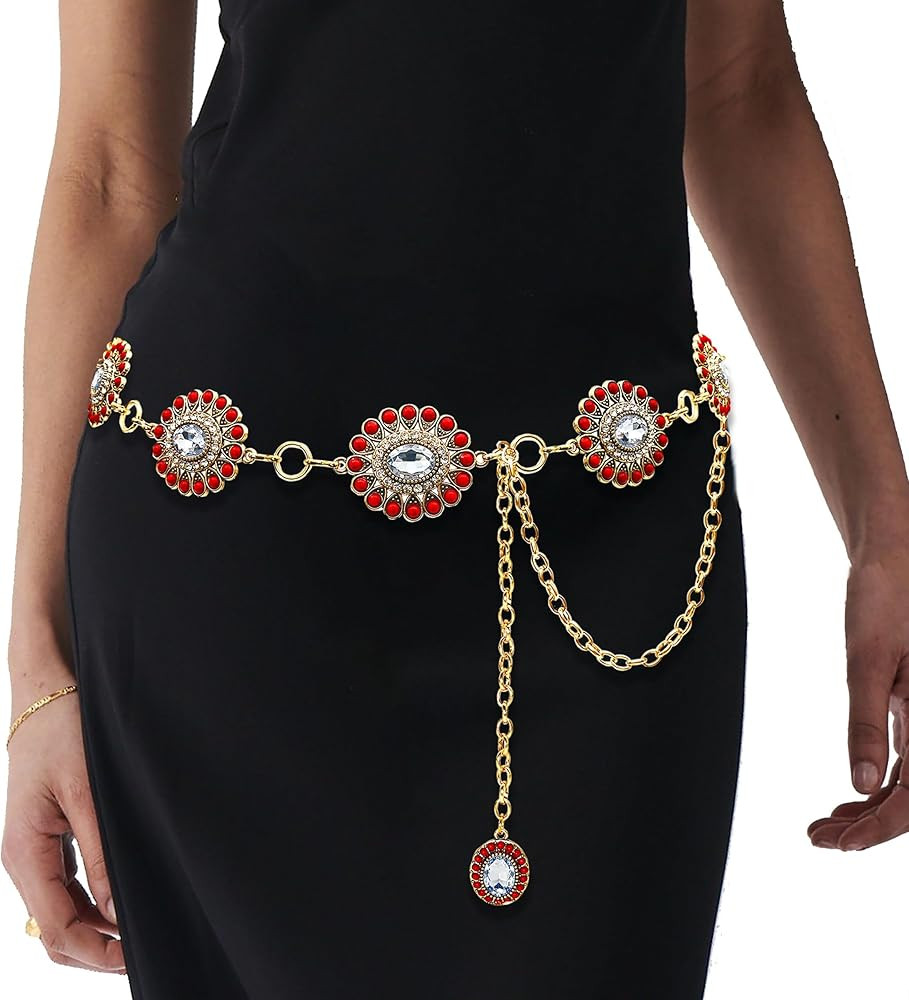 Boho Turquoise Concho Belt Western Bling Rhinestone Chain Belt Cowgirl Sparkly Crystal Waist Chai... | Amazon (US)