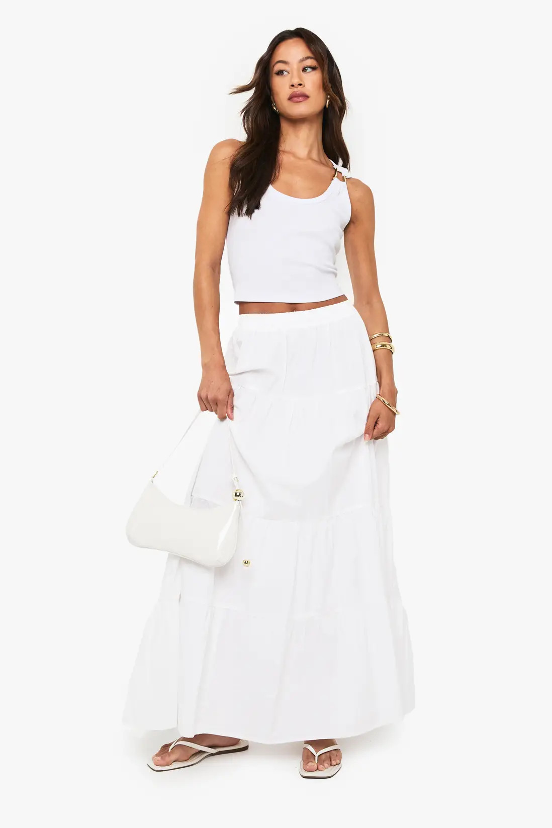 White Tall Poplin Tiered Maxi Skirt | Boohoo USA | boohoo (US & Canada)