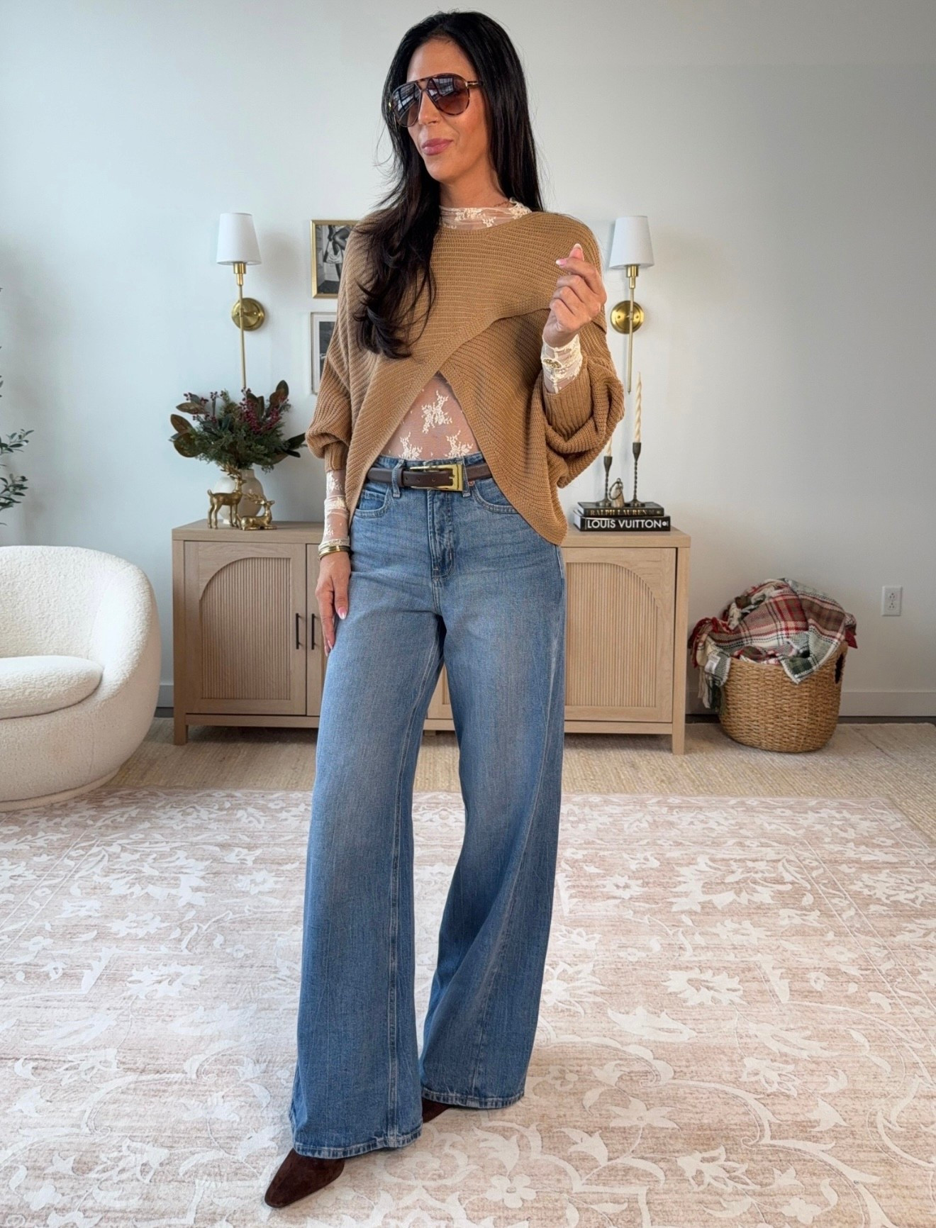 Casual & Comfortable holiday and everyday fit with a lace top, and a sweater over it. Love this paired together! 
Lace top- medium 
Top is called yellow and a small 
Denim - 2 long (run big) 

#LTKOver40 #LTKHoliday #LTKU