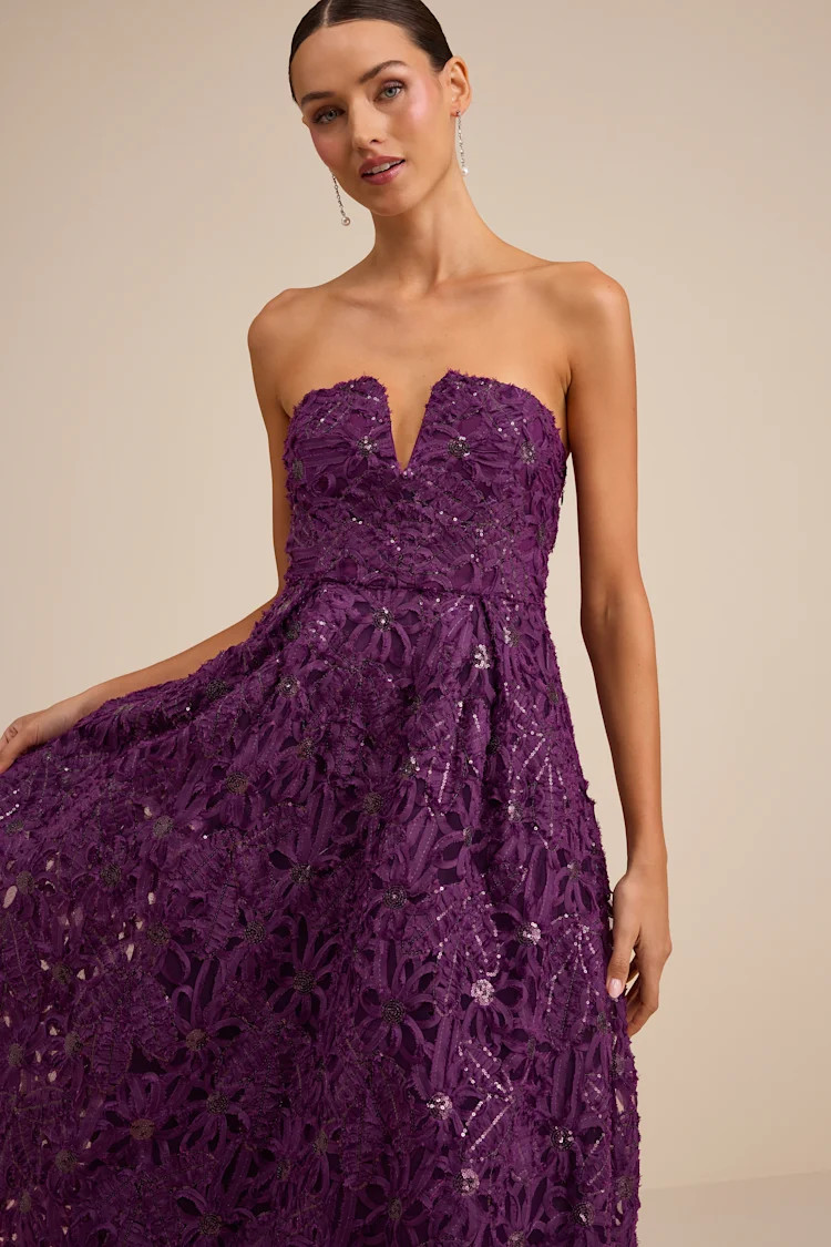 Ryla Purple Textured Sequin Strapless Midi Dress | Lulus