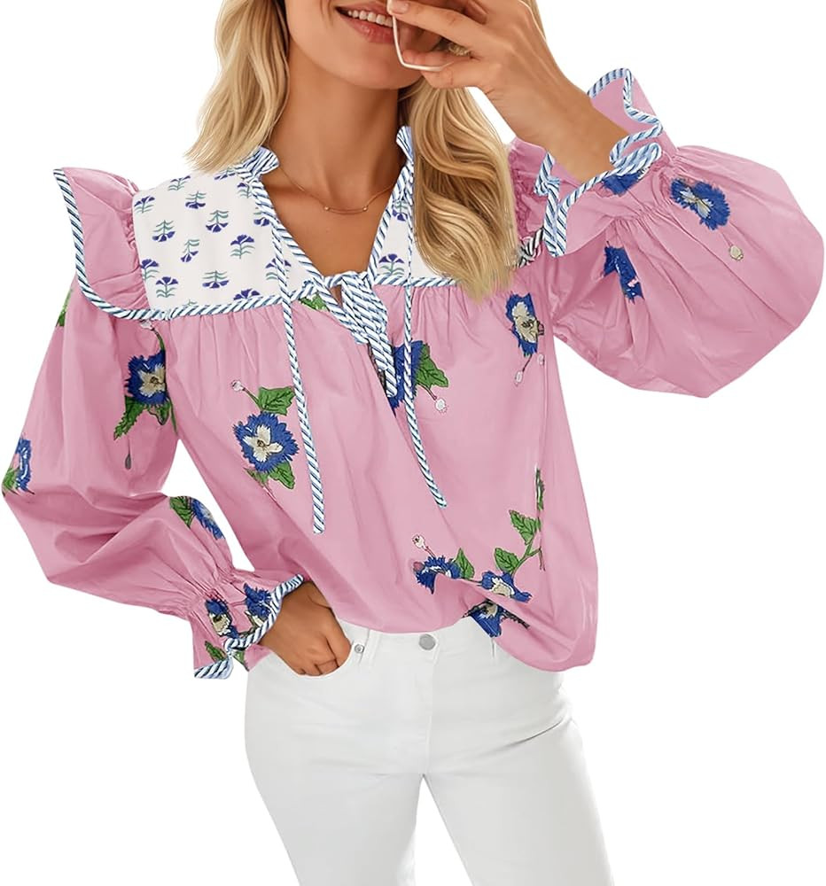Tankaneo Womens Floral Print Babydoll Tops Casual Boho Blouse V Neck Ruffle Puff Sleeve Cute Shir... | Amazon (US)