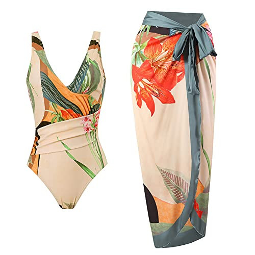 Thong Bikini Swimsuit for Women - one Piece Sets for Women - Womens V Neck Push Up Bikini Set Swimsuit with Beach Cover Up Sarong Floral Wrap Skirt Pareo Coverups Bathing Suit Swimwear Orange M | Amazon (US)