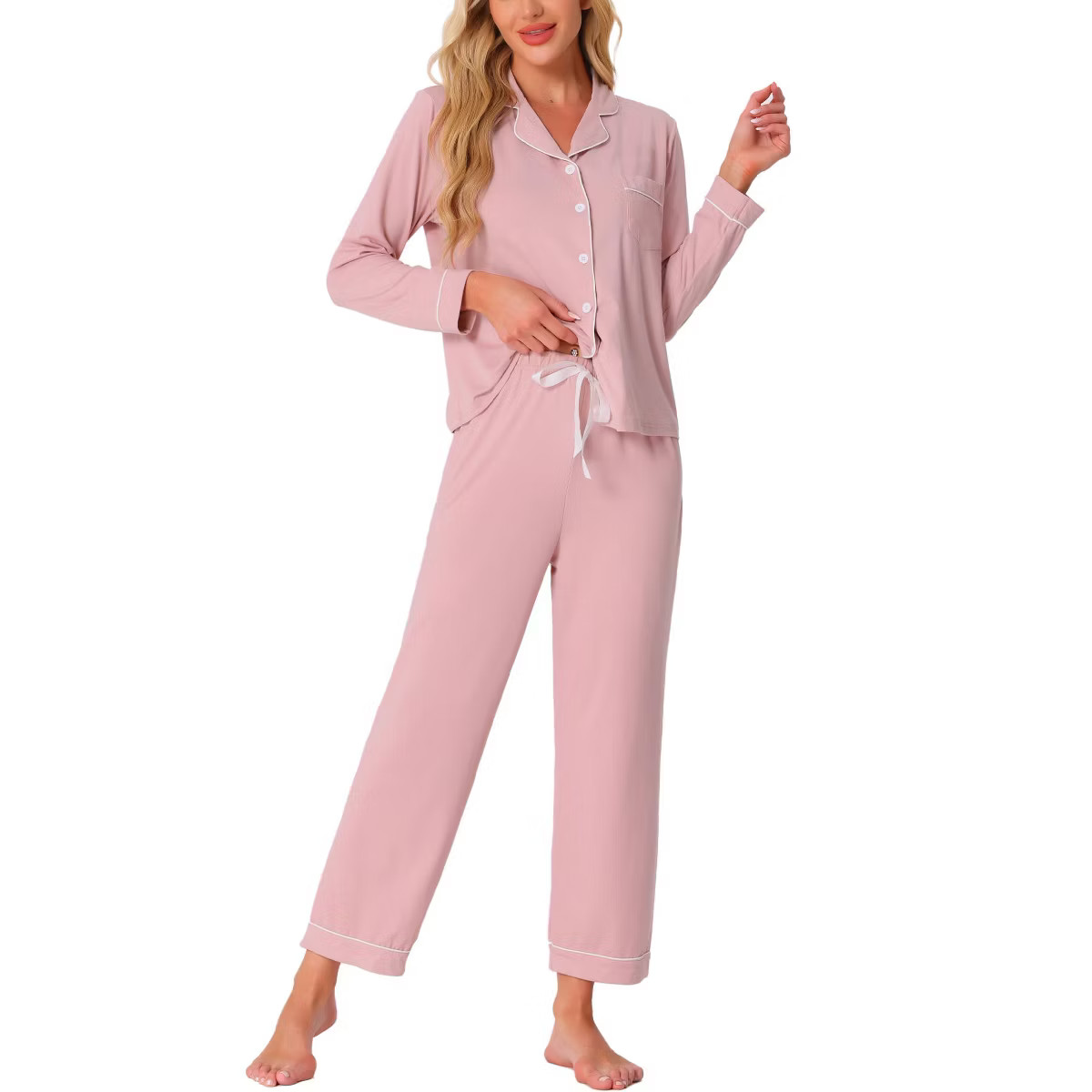 cheibear Women's Long Sleeves Button Down Top with Pants Lounge Pajamas Set | Target