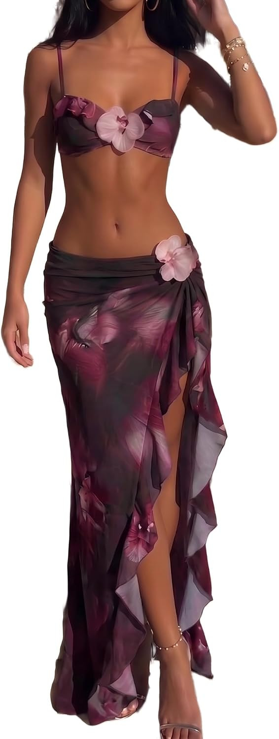 Women's 3 Piece Floral Bikini Set Orchid Ruffled Swimsuit with Sexy Side Slit Long Beach Skirt Cover Up Trendy Exotic Vacation Bathing Suits Purple Small | Amazon (US)