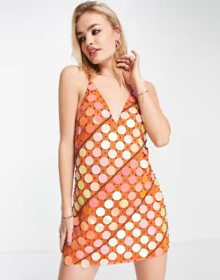 ASOS DESIGN embellished cami mini dress with disc sequin detail in orange | ASOS (Global)