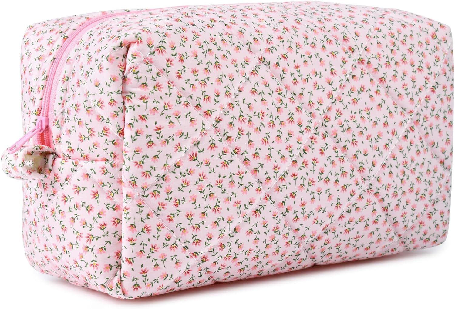 Quilted Makeup Bag Floral Cosmetic Bag Puffy Coquette Makeup pouch Aesthetic Cute Pink Large Trav... | Amazon (US)