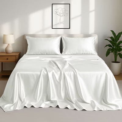 Satin Bed Sheets - 4Pc King Size Sheet Set , Hypoallergenic, Soft Breathable Bedding Set - (White) | Target