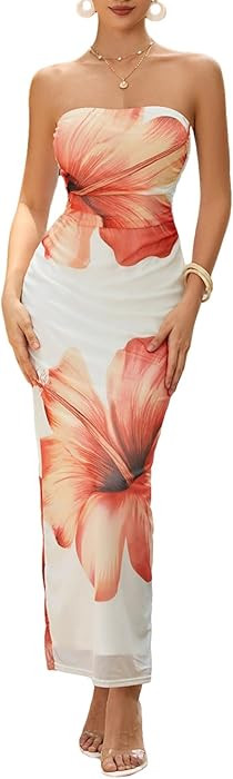Milumia Women's Floral Strapless Bodycon Maxi Dress Summer Mesh Tube Top Dresses | Amazon (US)