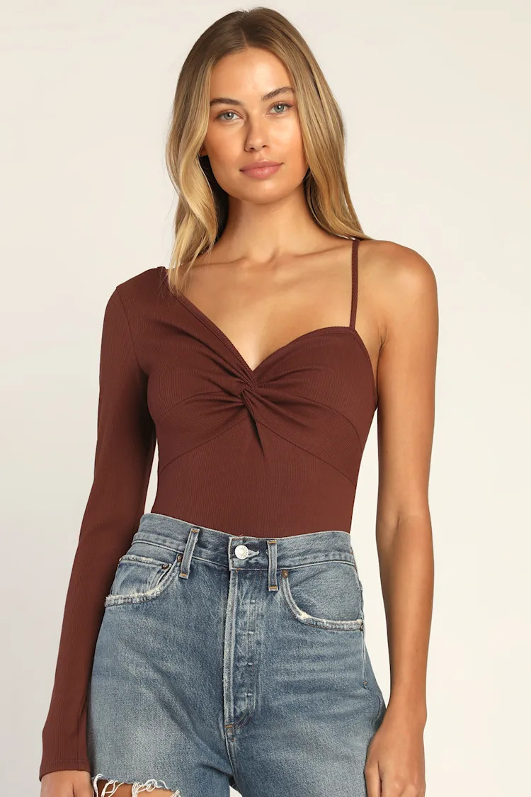 Pretty Personality Brown Ribbed Knit One-Shoulder Bodysuit | Lulus (US)