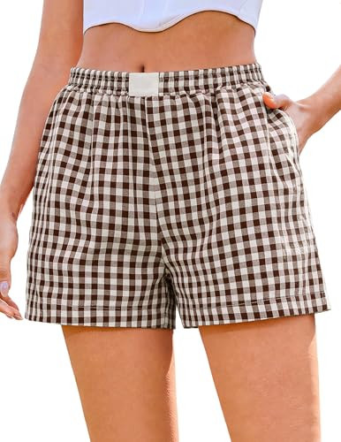 Marvmys Womens Pajama Buttoms Lightweight Boxer Shorts Cotton Gingham Shorts Elastic Waisted Sleepwear Brown 2XL | Amazon (US)