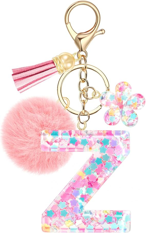 JSRQT Initial Letter Keychain for Girls, Cute Pink Flower Resin Alphabet Keyrings, Sequins Flower... | Amazon (US)