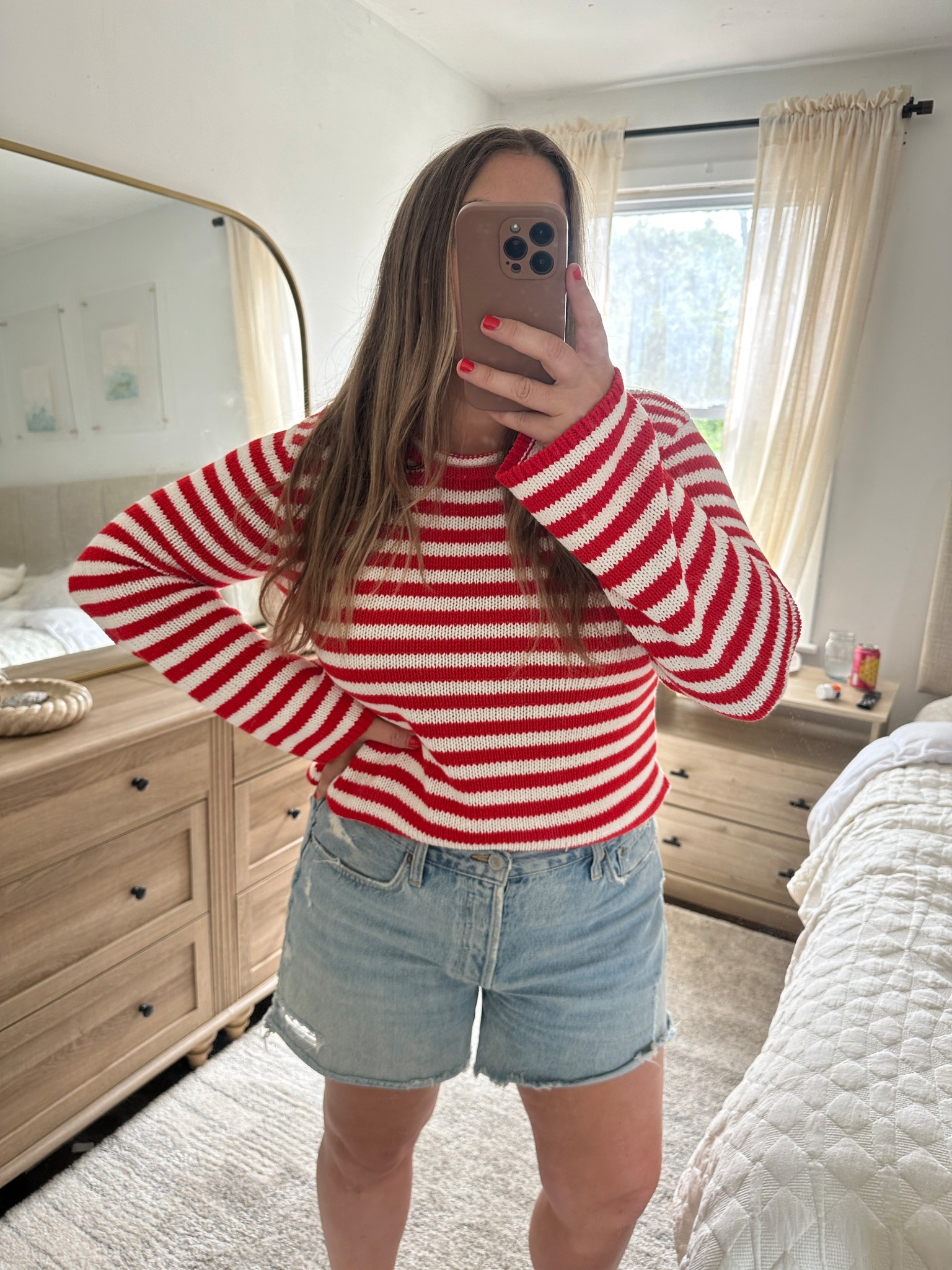 Sweater: true to size 

im in. Medium- if you need length size up  or for more oversized fit

Shorts: i size up 1. No stretch
Color is: swapmeet ( the best!!!) 

Striped sweater
New england
Coastal
Jean shorts
Petite friendly 

#LTKPetite #LTKFindsUnder50 #LTKSeasonal