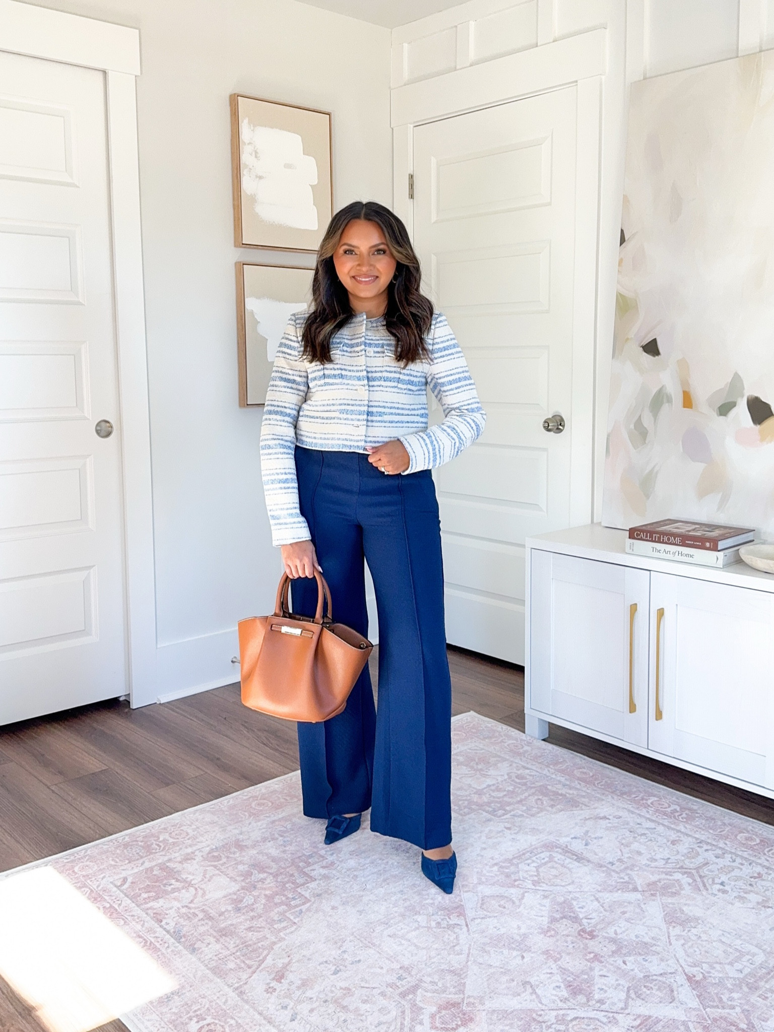 For reference: I’m 5’0, 32b bra size, and 2/26 in bottoms, pear shaped.

Blue stripe tweed crop jacket size 0 petite TTS
Navy textured pants size 2 petite TTS
Navy blue heels size 5 TTS


#LTKPetite #LTKStyleTip #LTKWorkwear