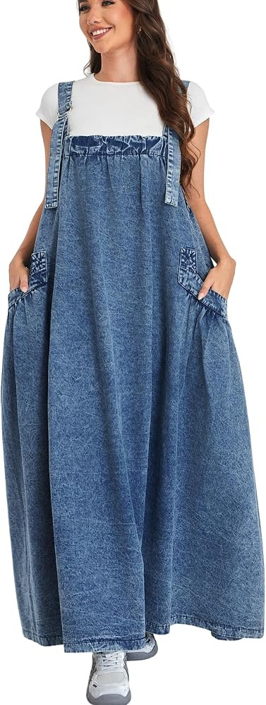Denim Jumper Dress for Women Loose Version Baggy Style Maxi Length Adjustable Straps Wide Hemline | Amazon (US)