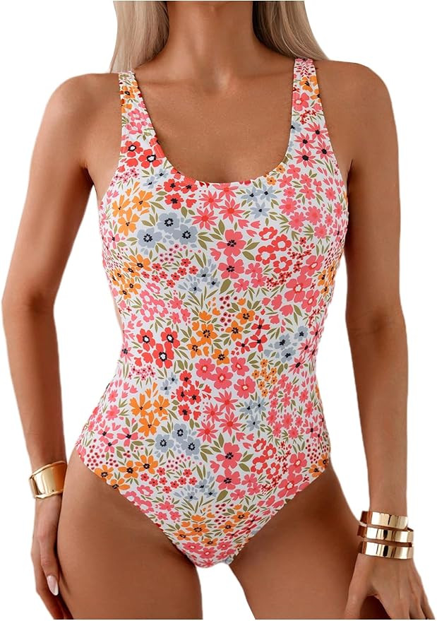 Women's Floral Print Scoop Neck One Piece Swimsuit Tie Back Bathing Suit Backless Swimwear | Amazon (US)