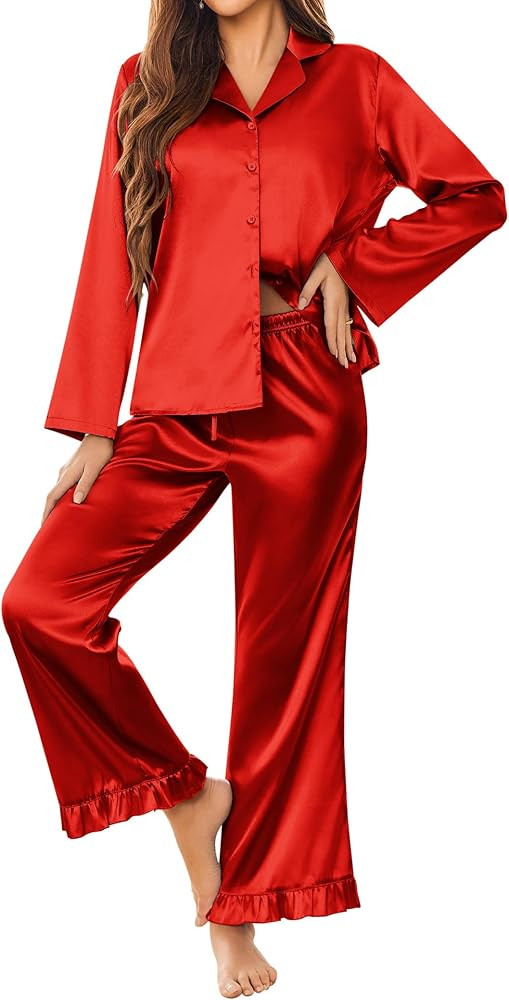 Ekouaer Silk Satin Pajamas Set Womens Long Sleepwear Button Down 2 Piece Classic Soft Loungewear ... | Amazon (US)