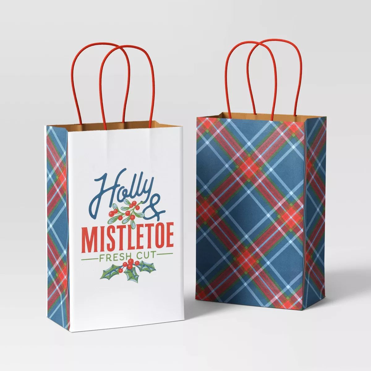 2ct Jr. Tote Paper Handle Christmas Gift Bag Holly/Plaid - Wondershop™ | Target