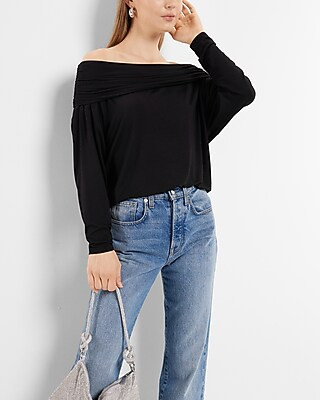 Off The Shoulder Dolman Sleeve Ruched Overlay Top | Express