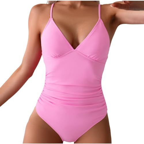 Womens Sexy One Piece Swimsuit Deep V Neck Sexy Monokini Cutout Tie Side Halter Swimwear Beachwear Bathing Suits Pink | Amazon (US)