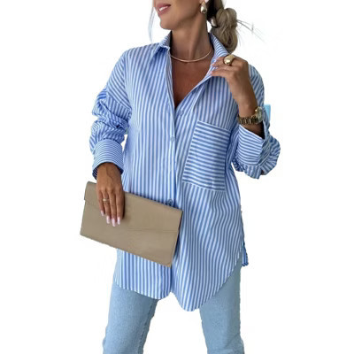 Striped Button Down Shirt for Women Oversized Long Sleeve Fall Top Casual Loose Work Blouse with Chest Pocket Blue L | Target