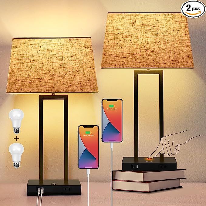 2-Pack Touch Control Bedside Lamp with USB Ports and AC Outlet 3-Way Dimmable Small Table Lamps f... | Amazon (US)
