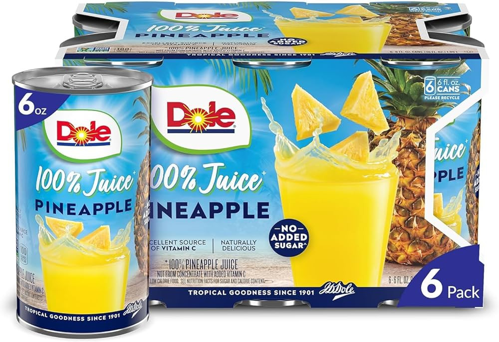 Dole 100% Pineapple Juice, No Added Sugar, Excellent Source of Vitamin C, 100% Fruit Juice, 6 Fl ... | Amazon (US)