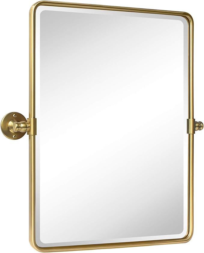 Farmhouse Gold Metal Framed Pivot Rectangle Bathroom Mirror Rounded Rectangluar Tilting Beveled V... | Amazon (US)