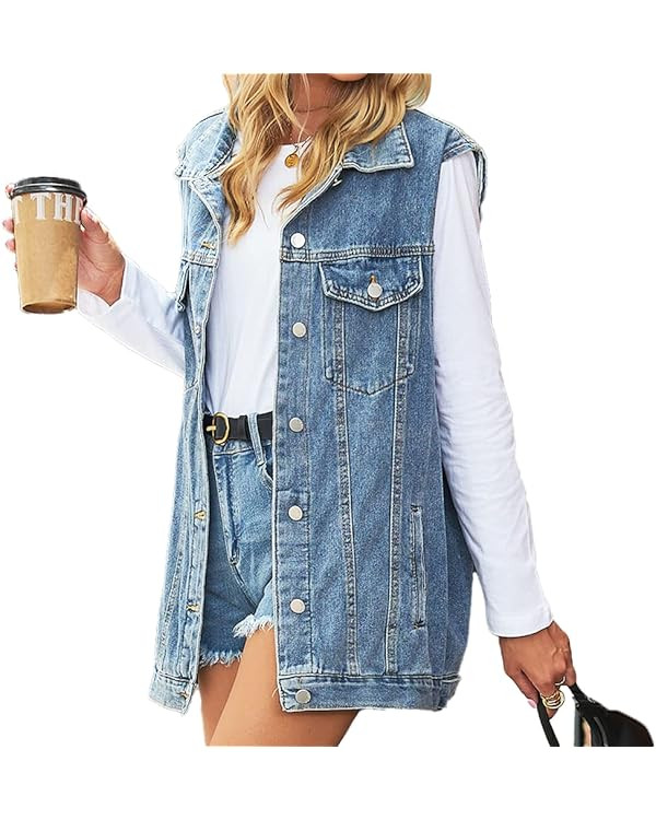 Women's Denim Vest Oversized Jean Lapel Sleeveless Button Down Outerwear Waistcoat Jacket | Amazon (US)