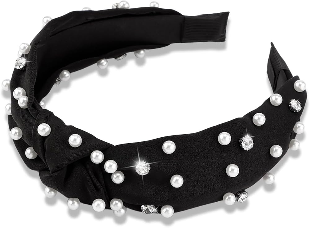 Pearl Headband Black Knotted Rhinestone Headbands Wide Top Knot Headbands Beaded Headband Jeweled... | Amazon (US)