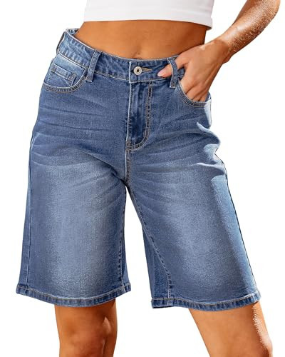 luvamia Bermuda Jean Shorts for Women High Waisted Trendy Stretchy Denim Shorts Knee Length Cutoff Loose Fit Long Summer Outfits for Women Bay Blue Size Small Fits US 4-6 | Amazon (US)
