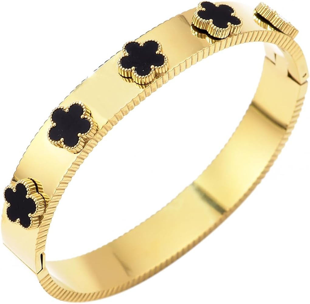 Clover Bracelet Bangle for Women 14K Gold and White Gold Plated Stainless Steel Lucky Jewelry | Amazon (US)